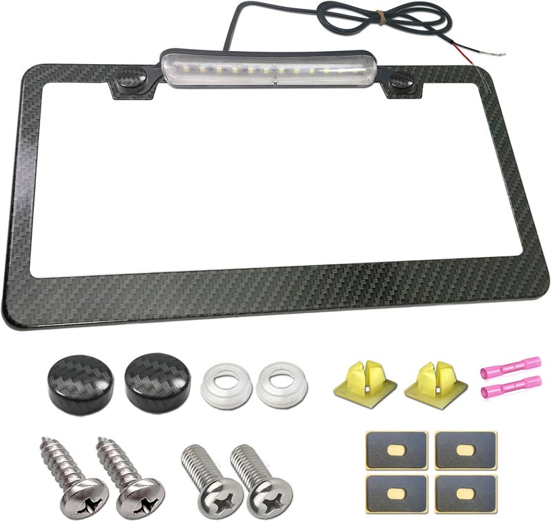 AOOTF License Plate Frame with Light Bar Assembly- License Plate Light Lamp Bulbs & Aluminium Carbon Fiber Car Tag Holder Mount Kit for Truck SUV Trailer, 12V Waterproof White, Screws Caps - Image 1